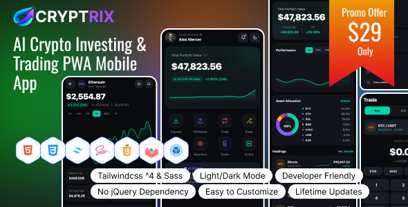 Cryptrix – AI Crypto Investing & Trading PWA Mobile App HTML Template