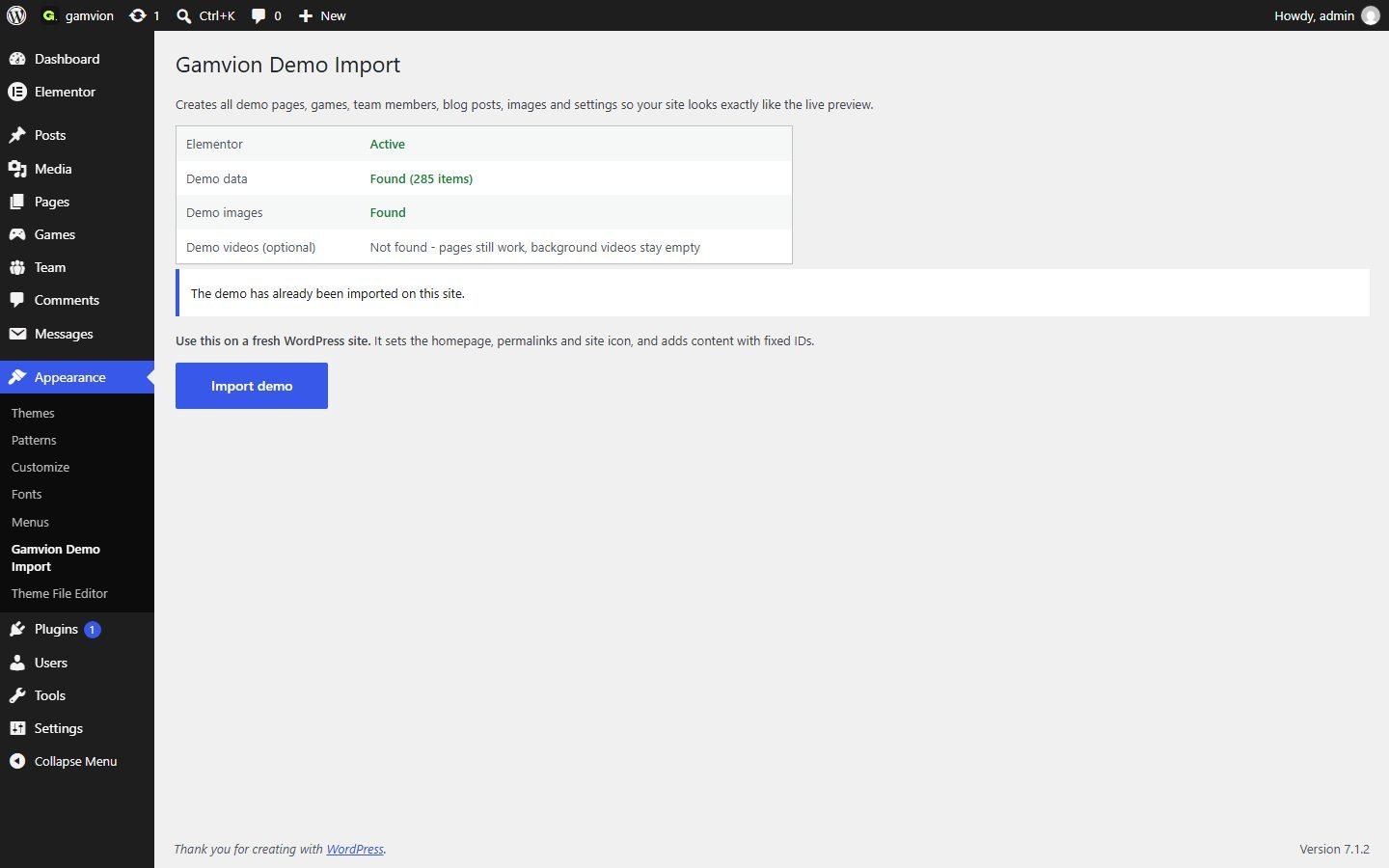 Demo import screen