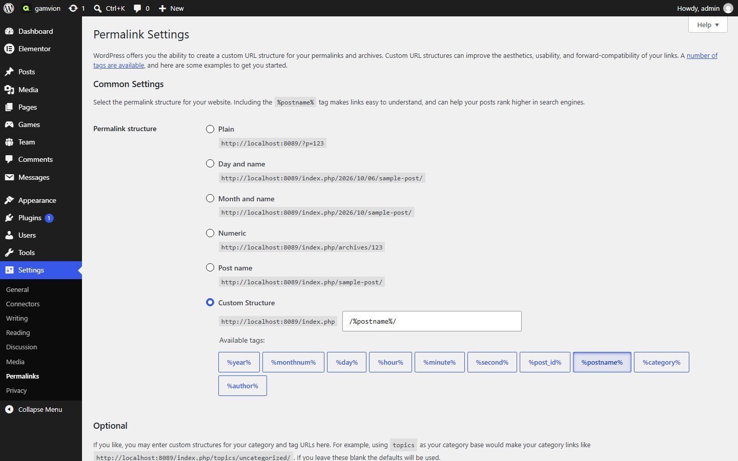 Permalinks screen