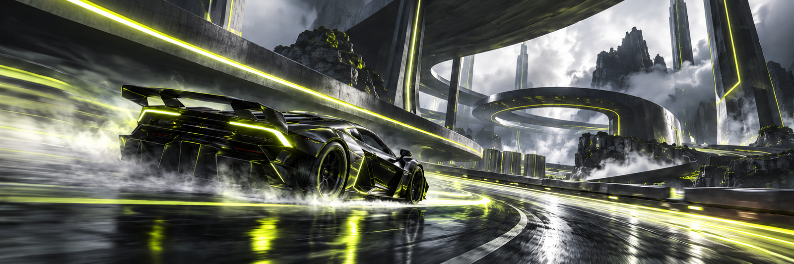 A black and neon lime racing car drifting through a futuristic arena