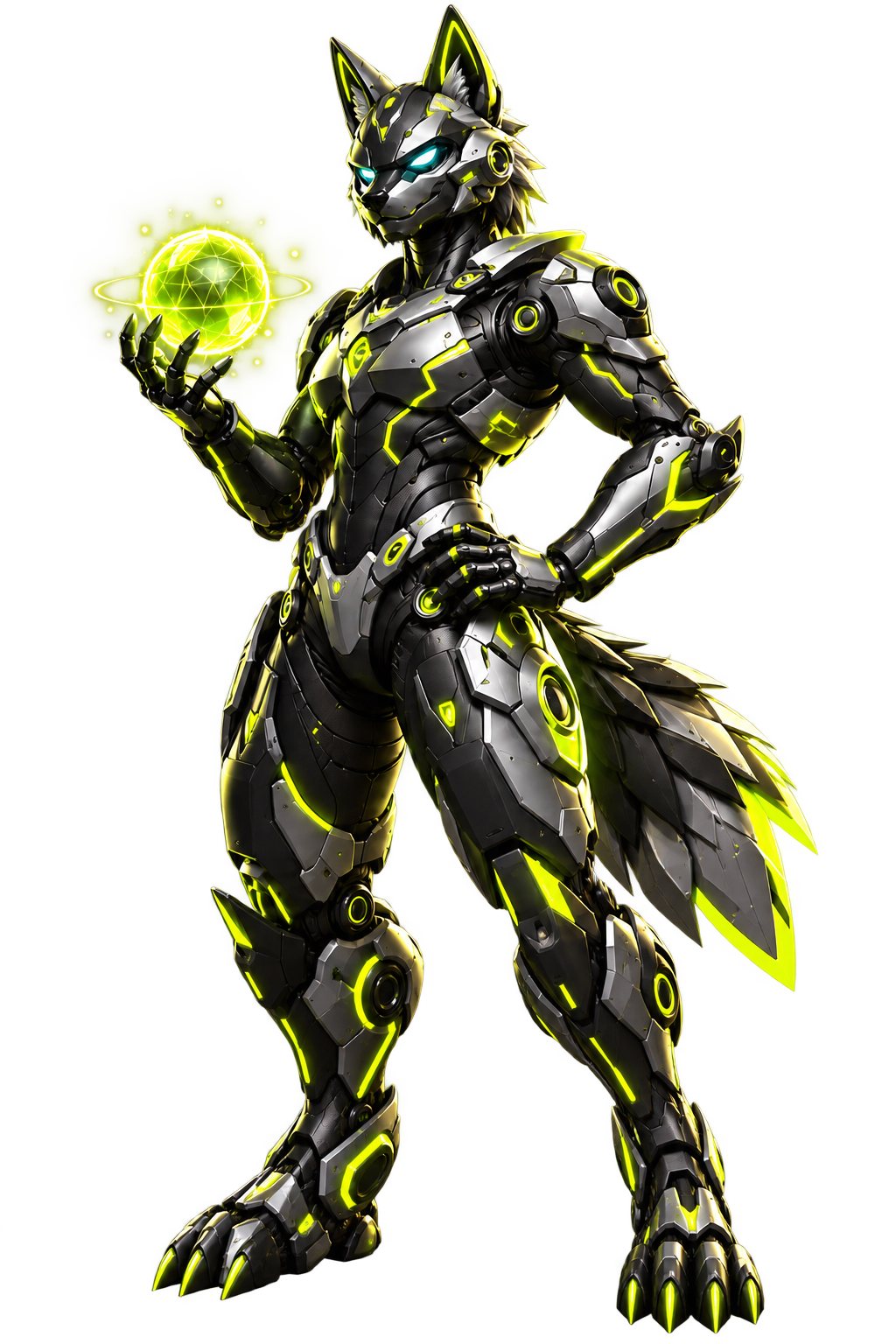 Robotic wolf guardian holding a glowing lime orb