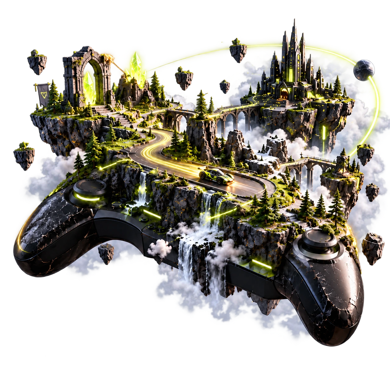 A miniature fantasy world with castles, waterfalls and a neon racetrack built into a game controller