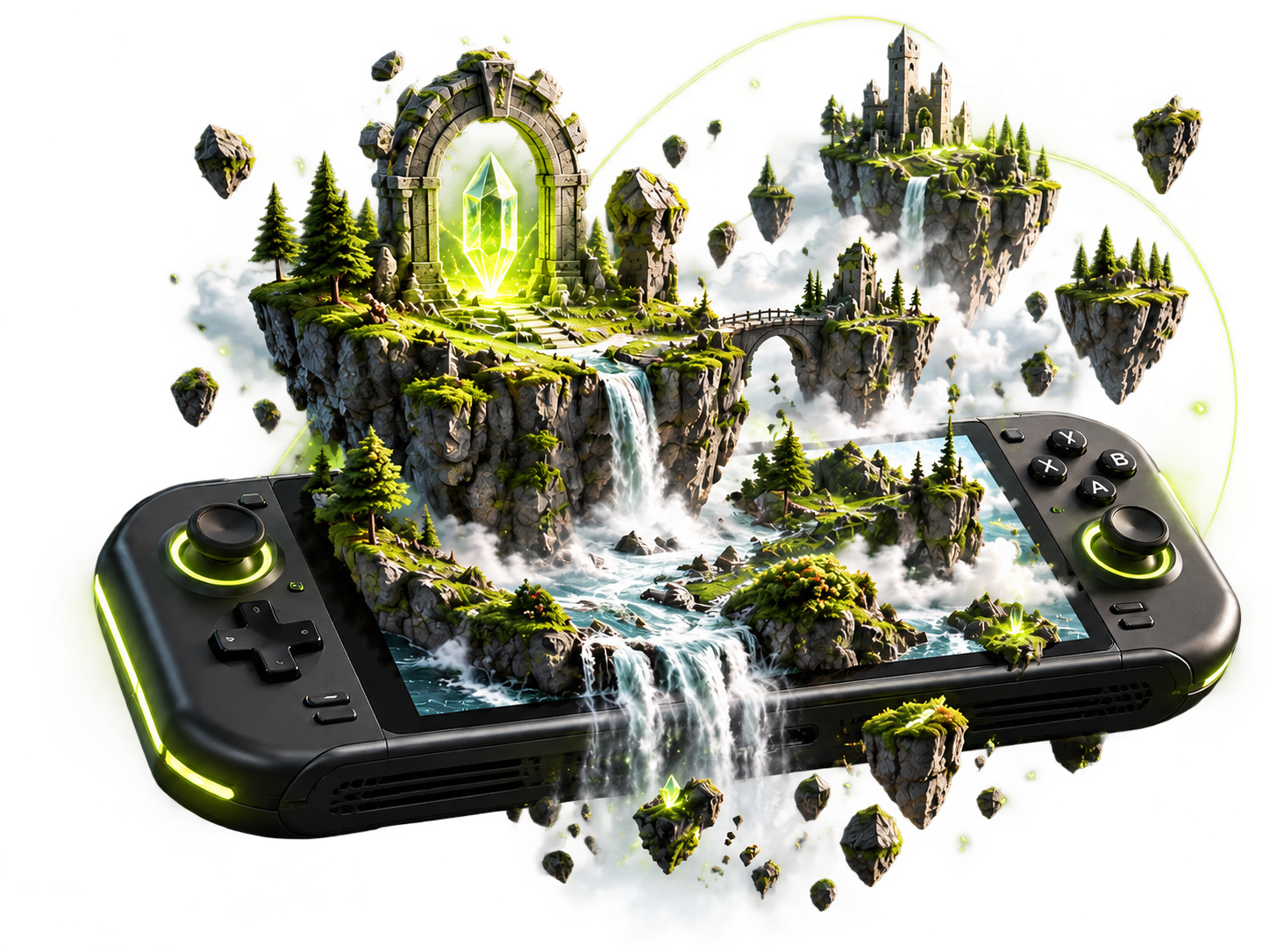 A neon graphite handheld console with fantasy islands, waterfalls and a crystal portal emerging from its screen