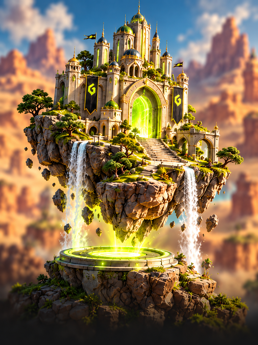 Floating castle island with neon portal