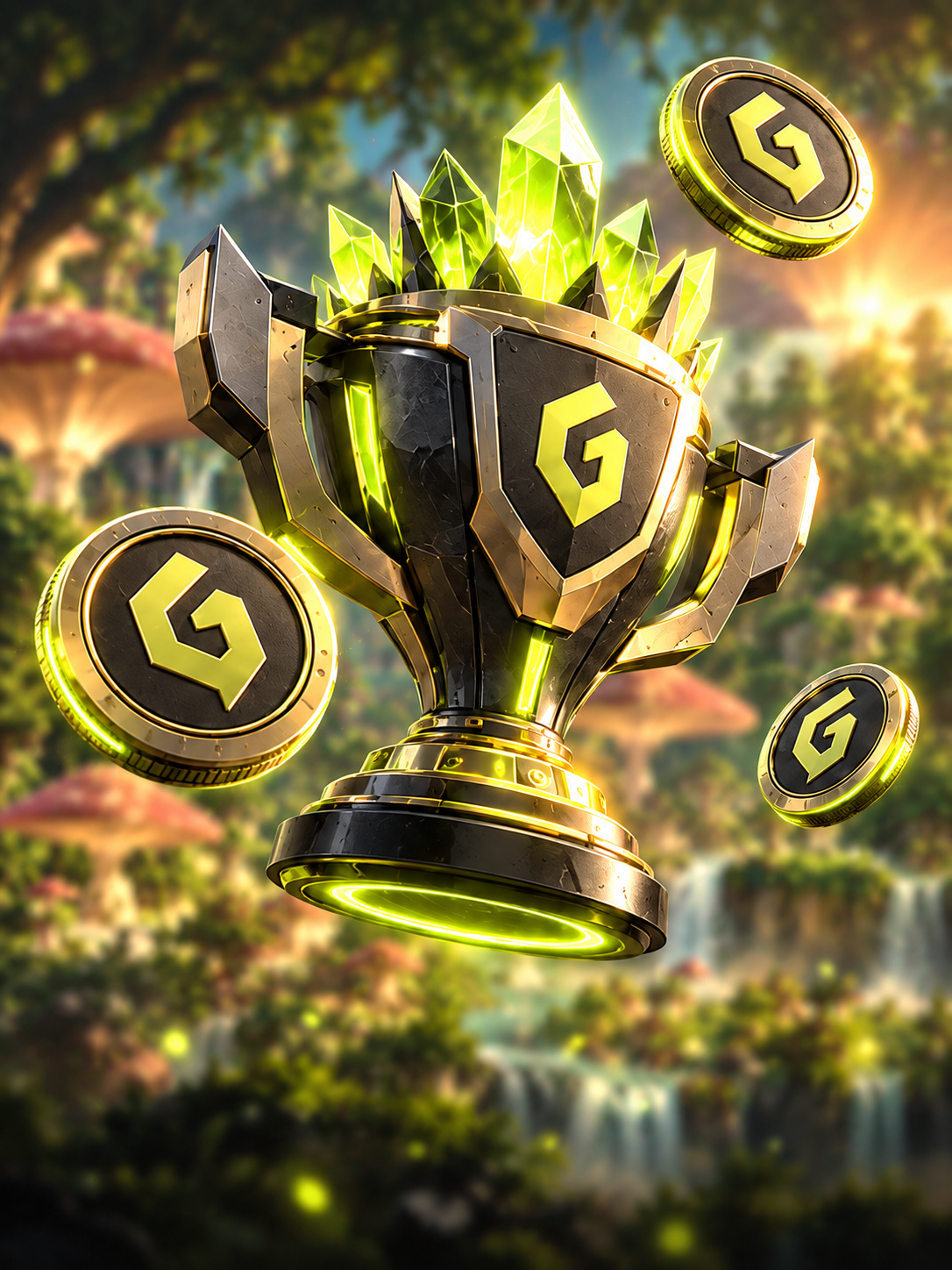 Crystal trophy and collectible gaming coins