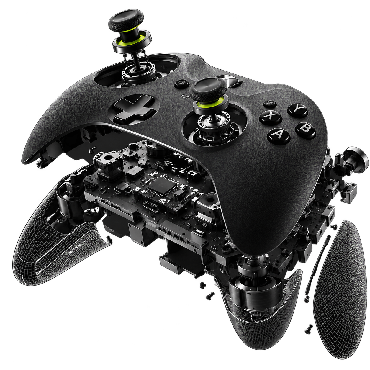 Exploded graphite controller showing floating thumbsticks, internal circuits and wireframe grips